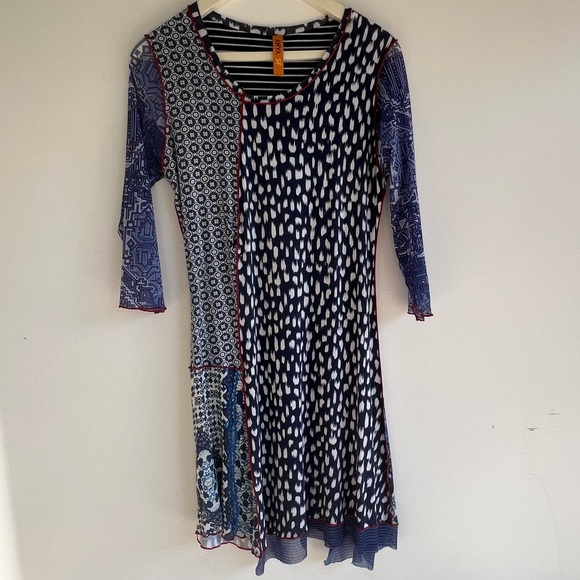 Anya SF Patchwork panel Print Dress Blue Mixed Pattern 3/4 Sleeve Boho Size S - Picture 2 of 14